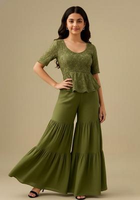 Green Georgette Embellished Sharara Set For Girls