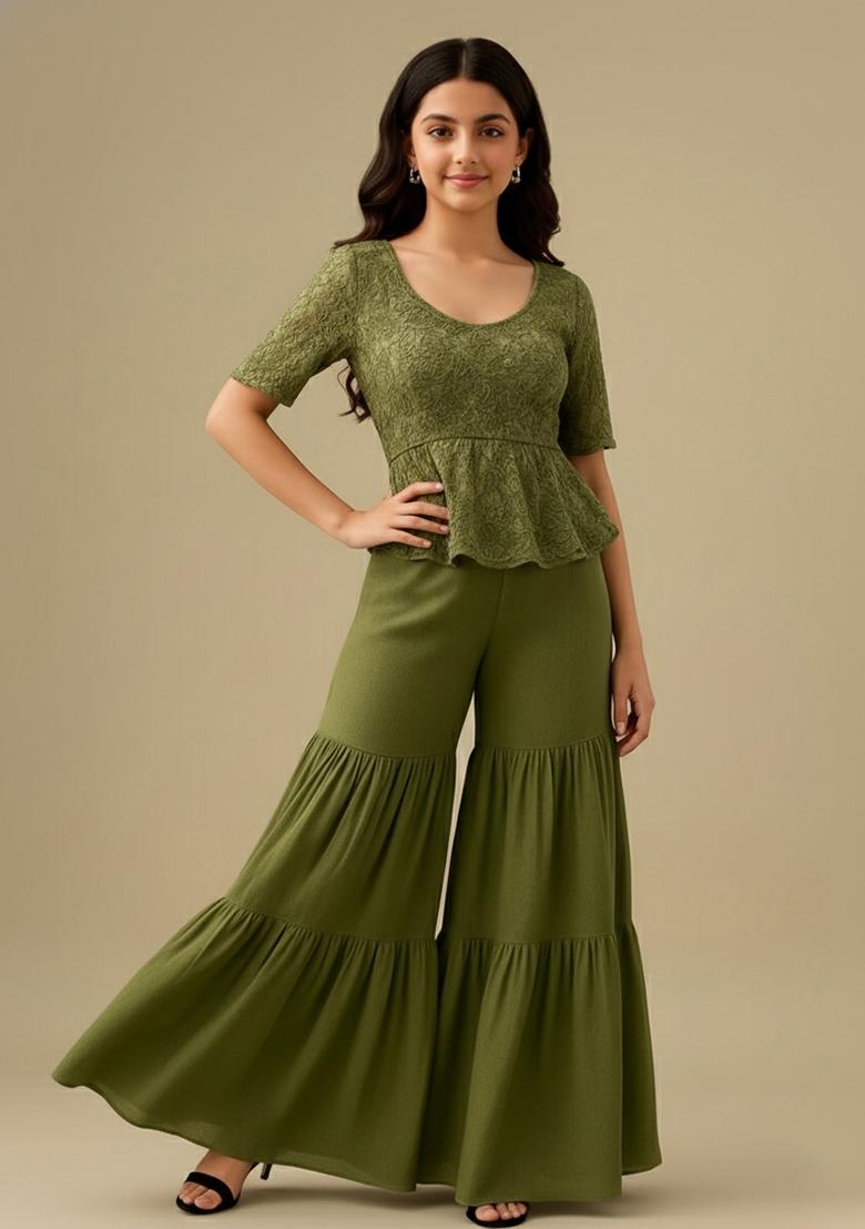 Green Georgette Embellished Sharara Set For Girls