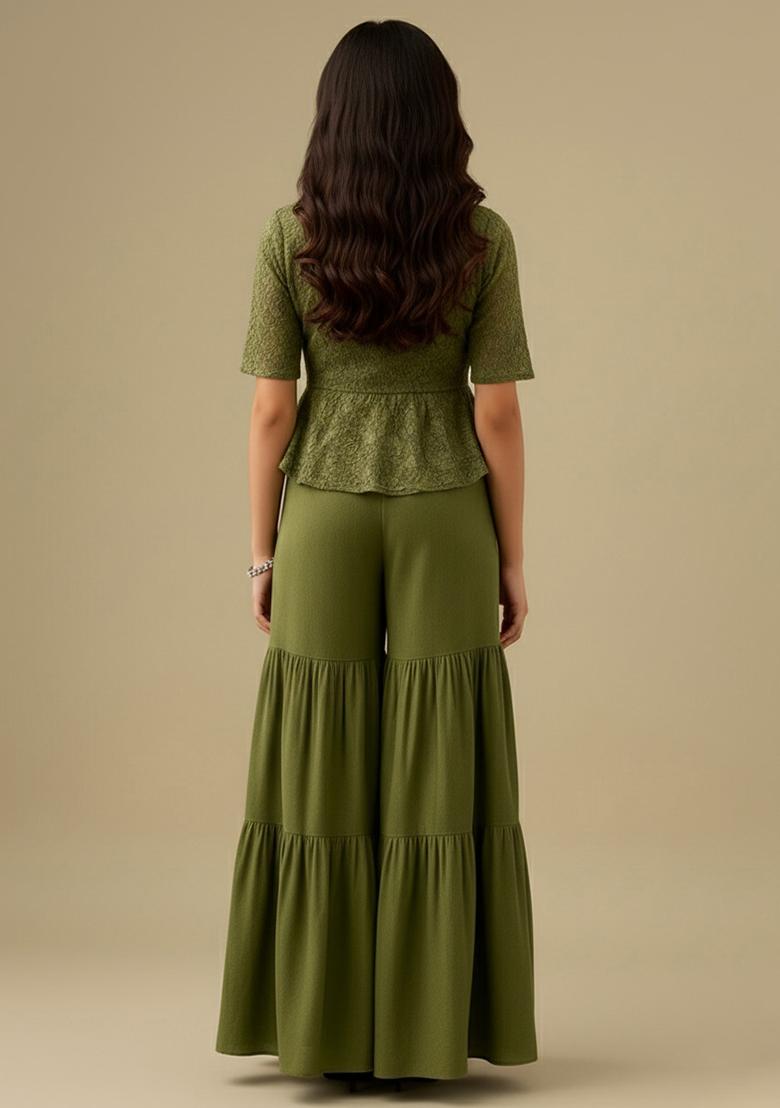 Green Georgette Embellished Sharara Set For Girls