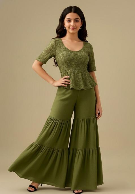 Green Georgette Embellished Sharara Set For Girls