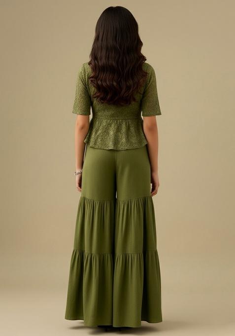 Green Georgette Embellished Sharara Set For Girls