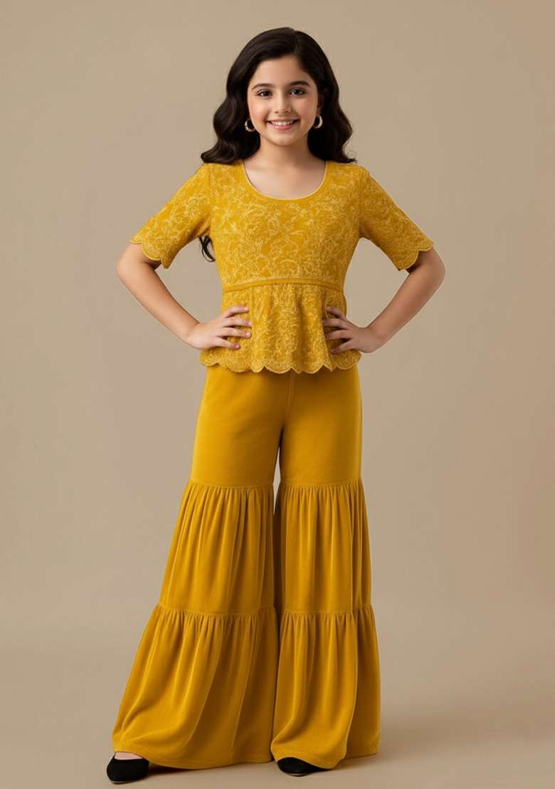 Mustard Yellow Chinon Silk Embellished Sharara Set For Girls - Indya