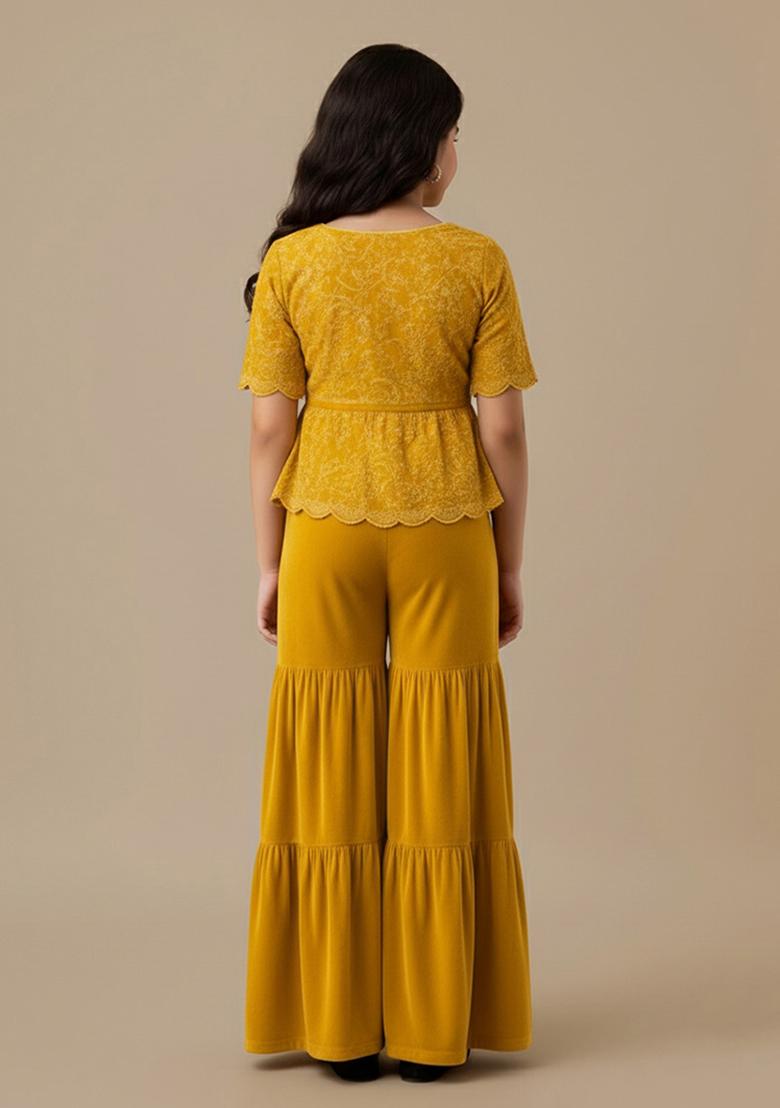 Mustard Yellow Chinon Silk Embellished Sharara Set For Girls - Indya