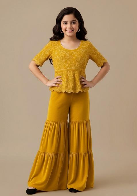 Mustard Yellow Chinon Silk Embellished Sharara Set For Girls