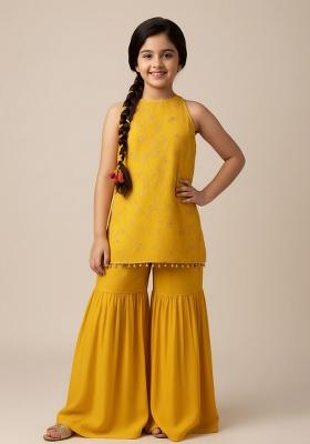Yellow Raw Silk Embroidered Kurta Set For Girls