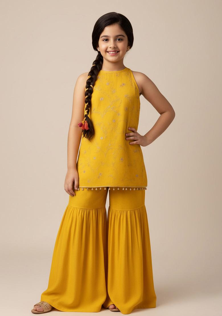 Yellow Raw Silk Embroidered Kurta Set For Girls