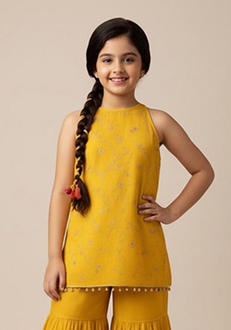 Yellow Raw Silk Embroidered Kurta Set For Girls
