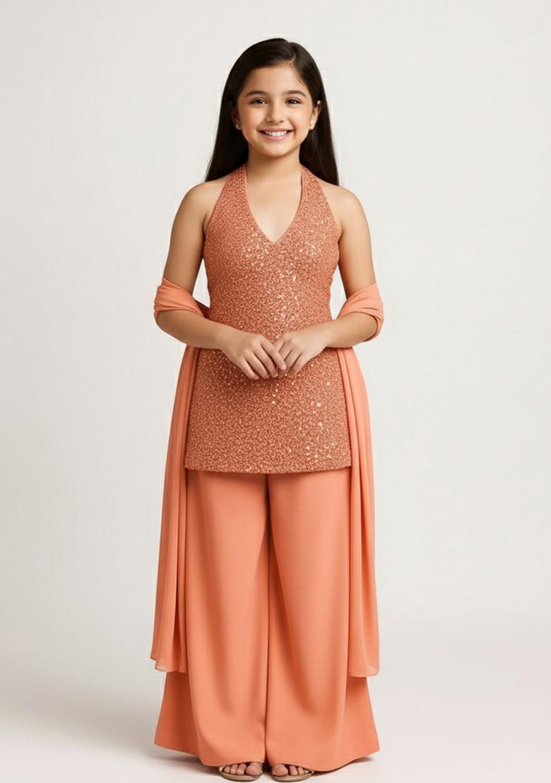 Peach Georgette Embroidered Sharara Set For Girls