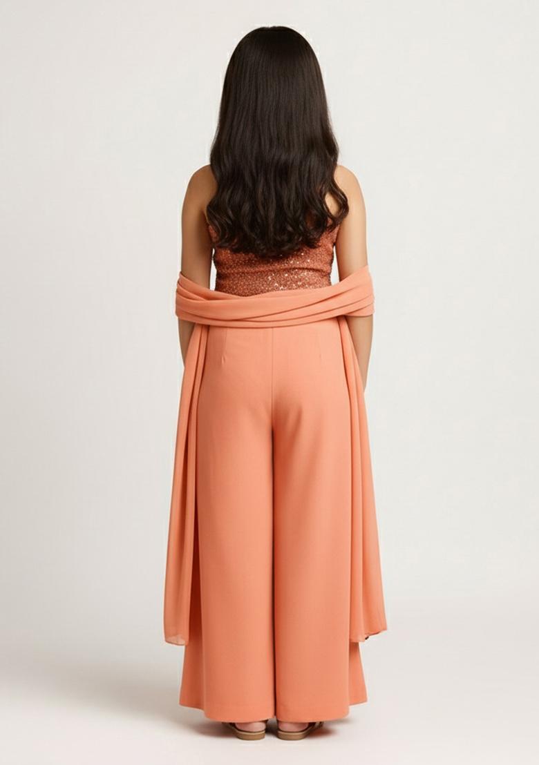 Peach Georgette Embroidered Sharara Set For Girls