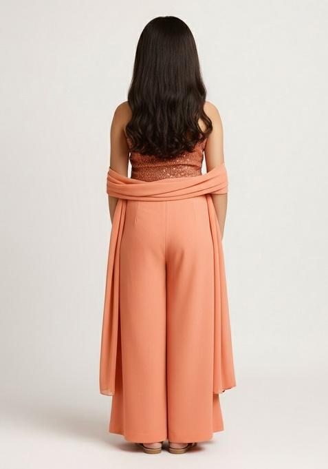 Peach Georgette Embroidered Sharara Set For Girls