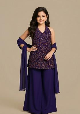 Violet Raw Silk Embroidered Sharara Set For Girls