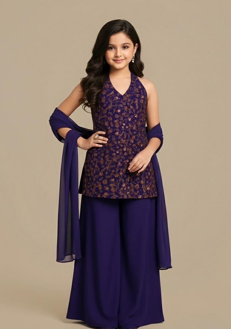 Violet Raw Silk Embroidered Sharara Set For Girls