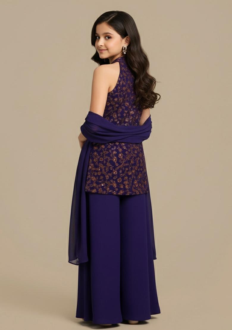 Violet Raw Silk Embroidered Sharara Set For Girls - Indya