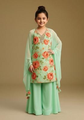 Pista Green Georgette Floral Print Sharara Set For Girls