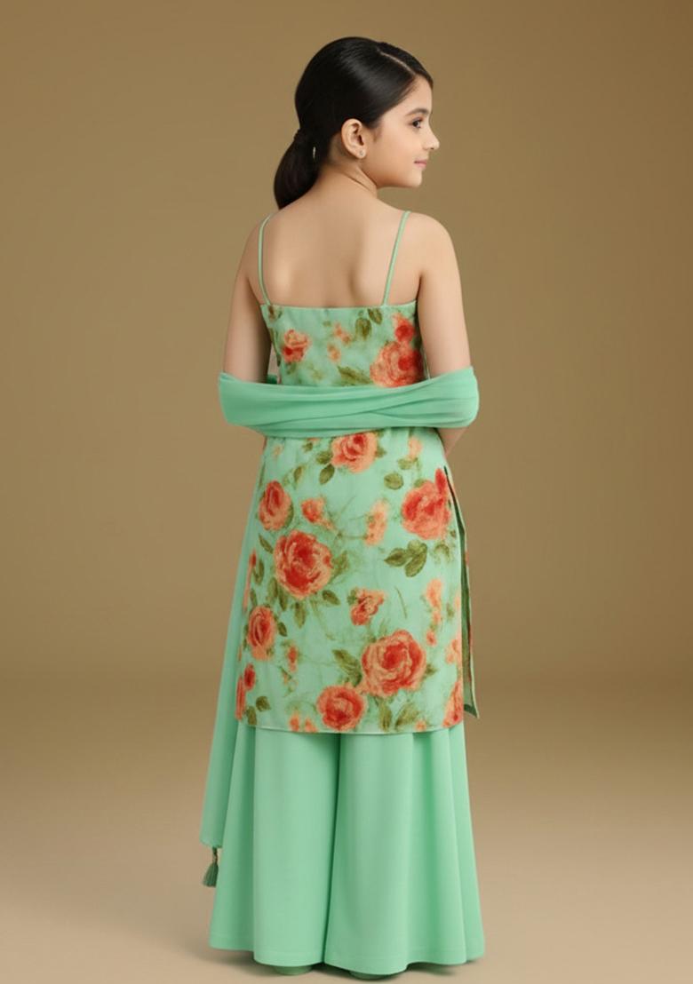 Pista Green Georgette Floral Print Sharara Set For Girls - Indya