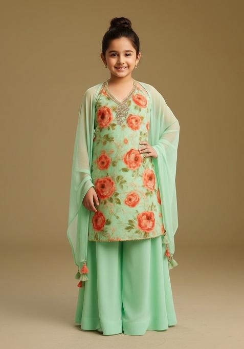 Pista Green Georgette Floral Print Sharara Set For Girls