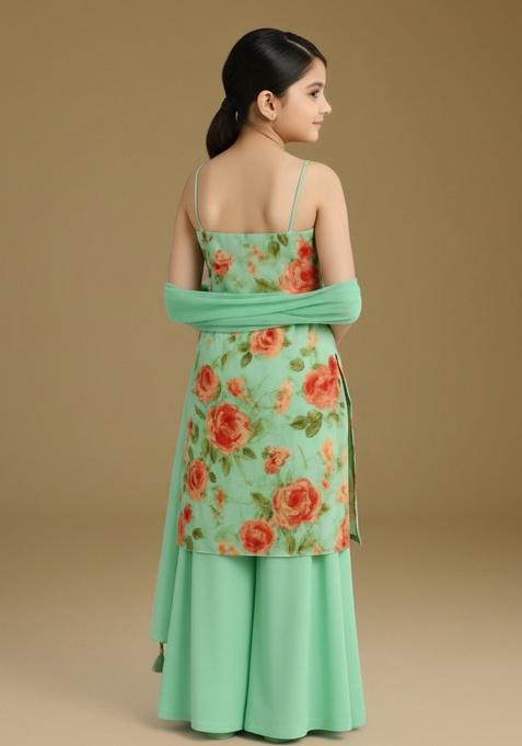 Pista Green Georgette Floral Print Sharara Set For Girls