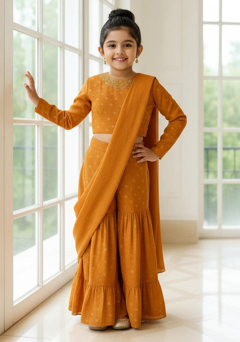 Mustard Yellow Tissue Embroidered Sharara Set For Girls