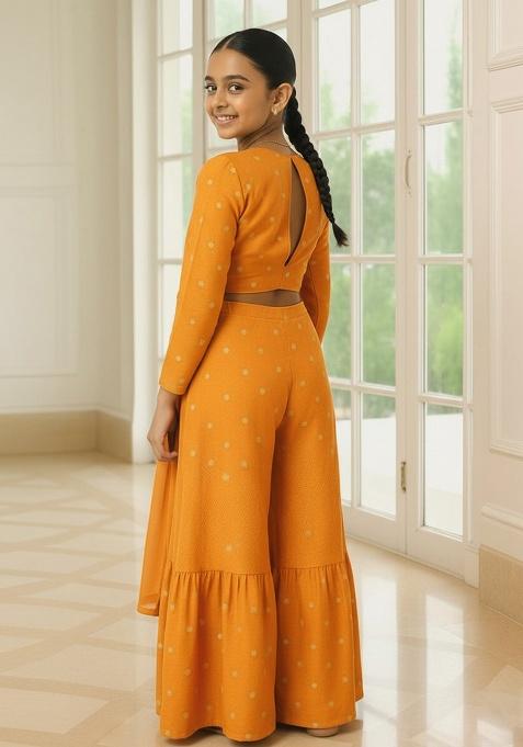 Mustard Yellow Tissue Embroidered Sharara Set For Girls