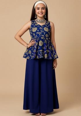 Navy Blue Silk Embroidered Sharara Set For Girls