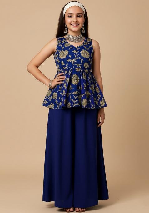Navy Blue Silk Embroidered Sharara Set For Girls