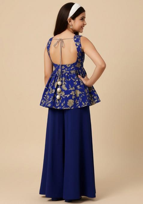 Navy Blue Silk Embroidered Sharara Set For Girls