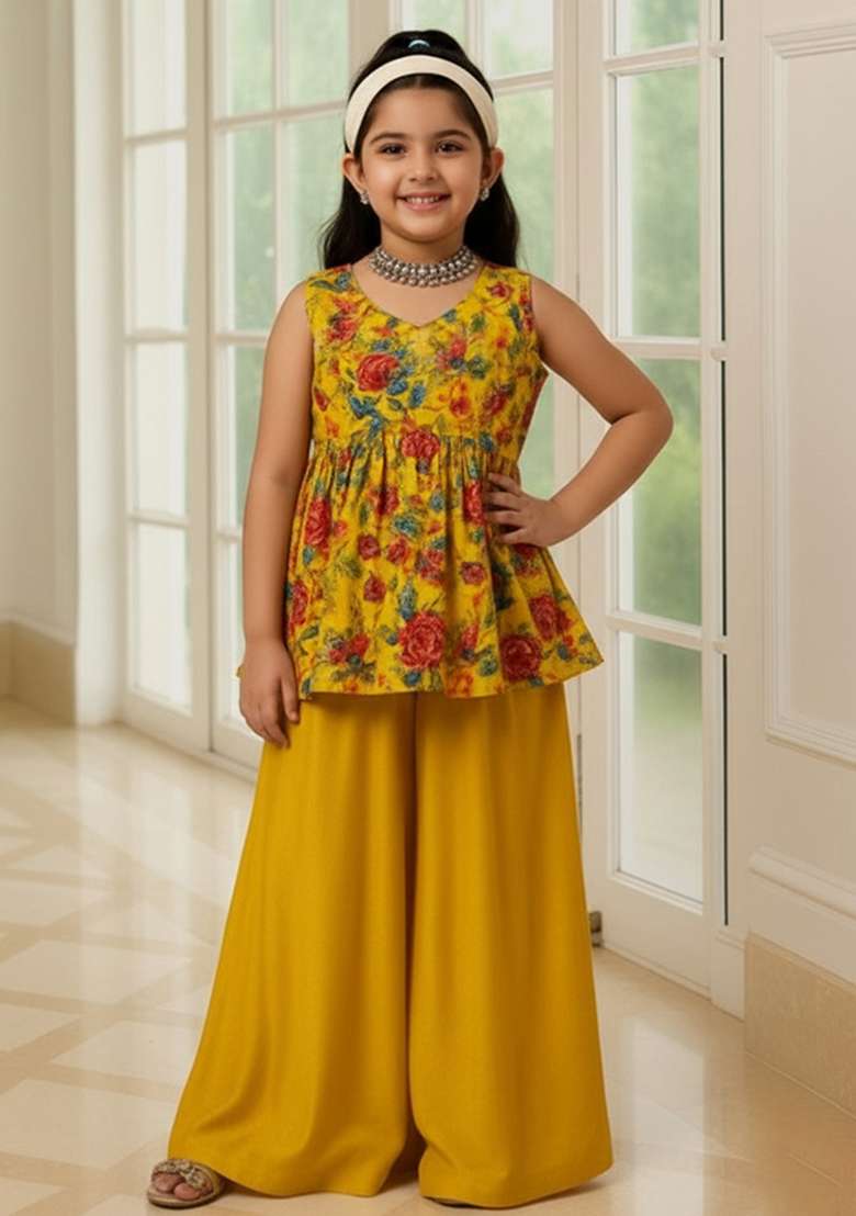 Mustard Yellow Organza Embroidered Sharara Set For Girls - Indya