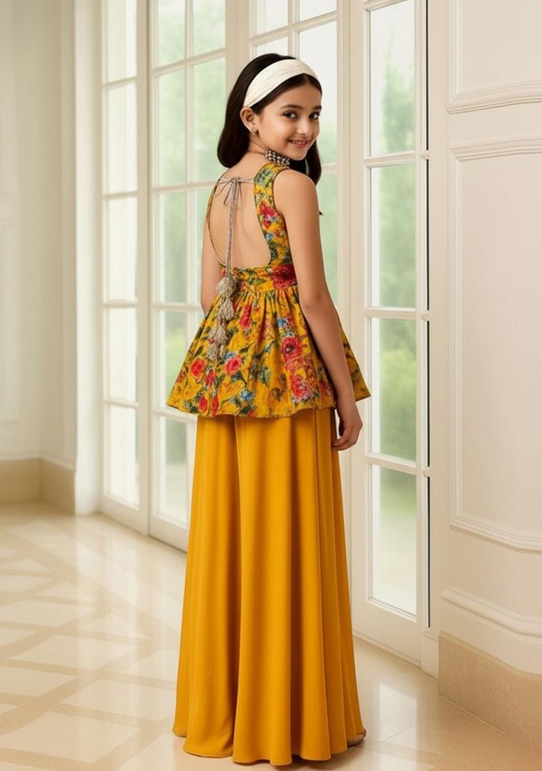 Mustard Yellow Organza Embroidered Sharara Set For Girls - Indya