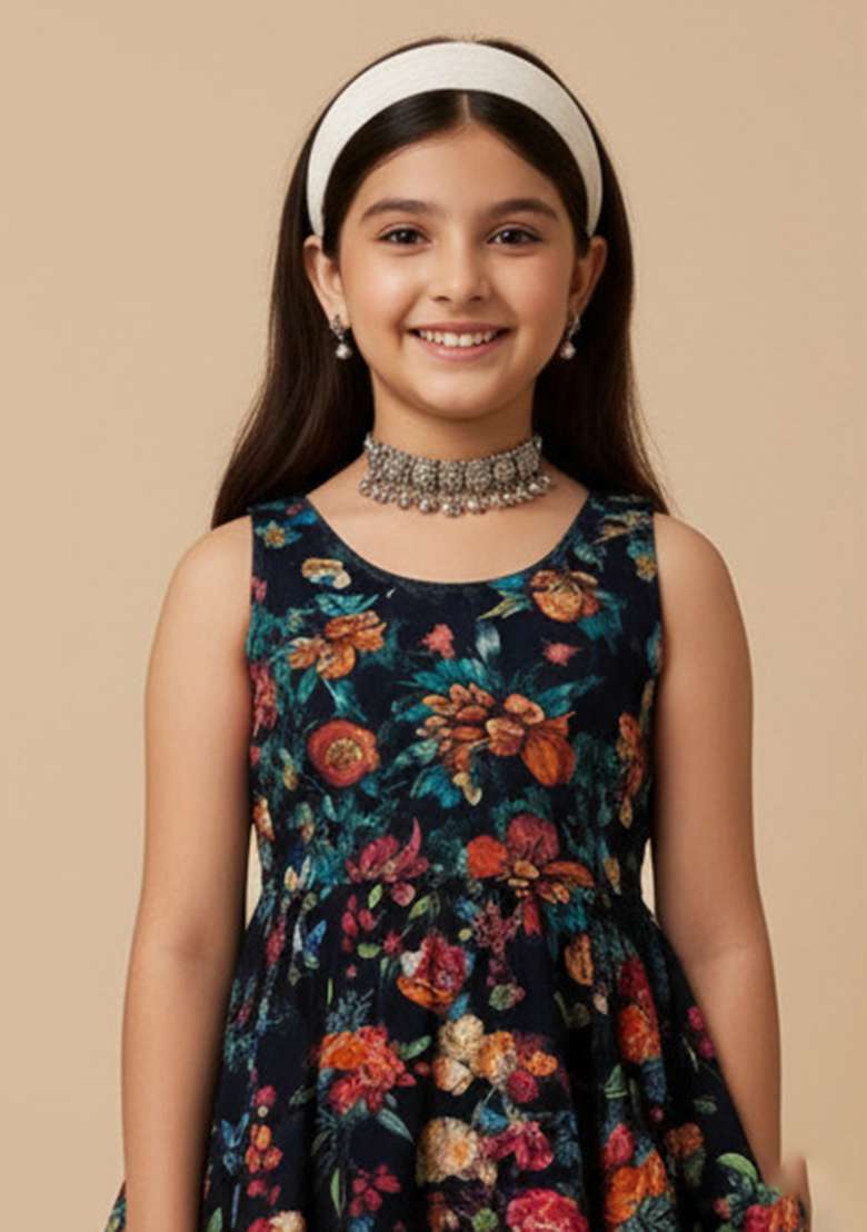 Dark Blue Organza Embroidered Sharara Set For Girls - Indya