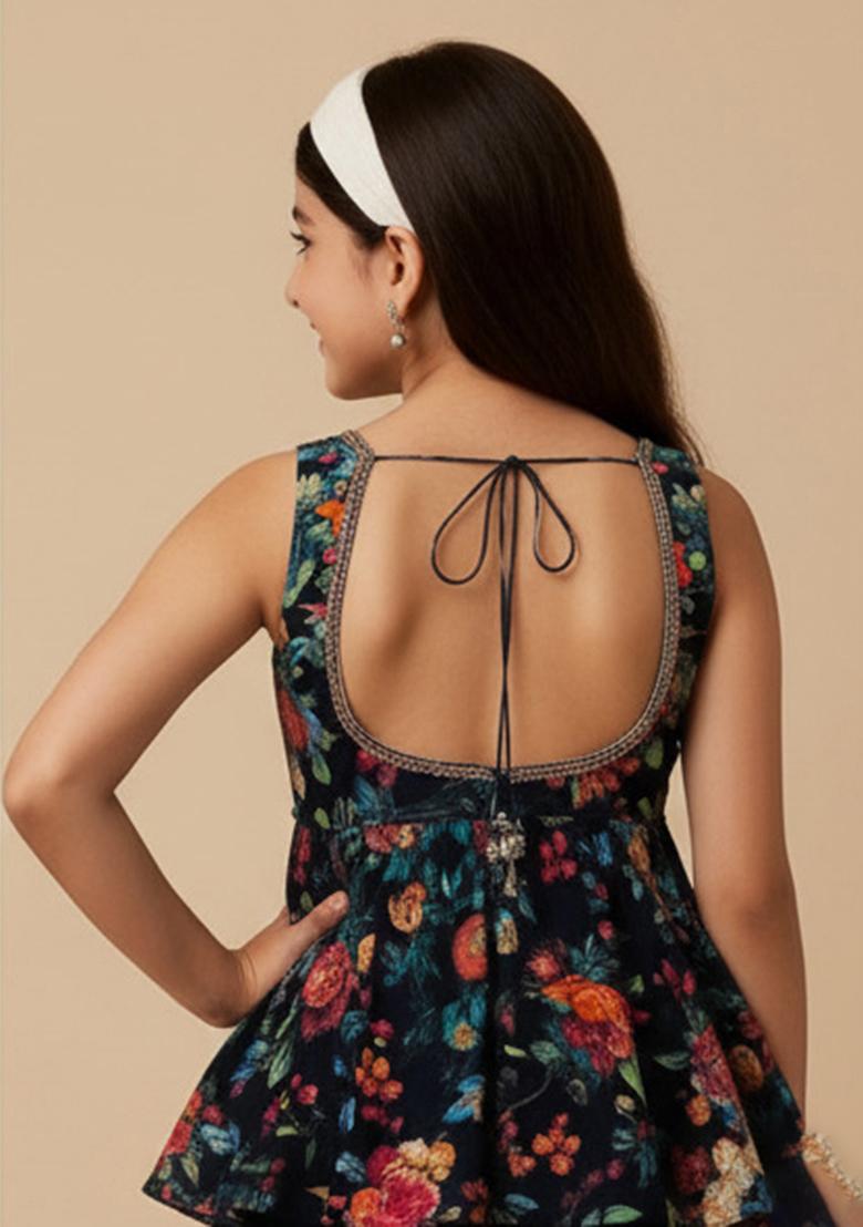 Dark Blue Organza Embroidered Sharara Set For Girls - Indya