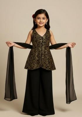 Black Net Sequin Kurta Set For Girls