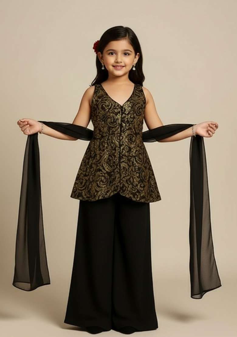 Black Net Sequin Kurta Set For Girls - Indya