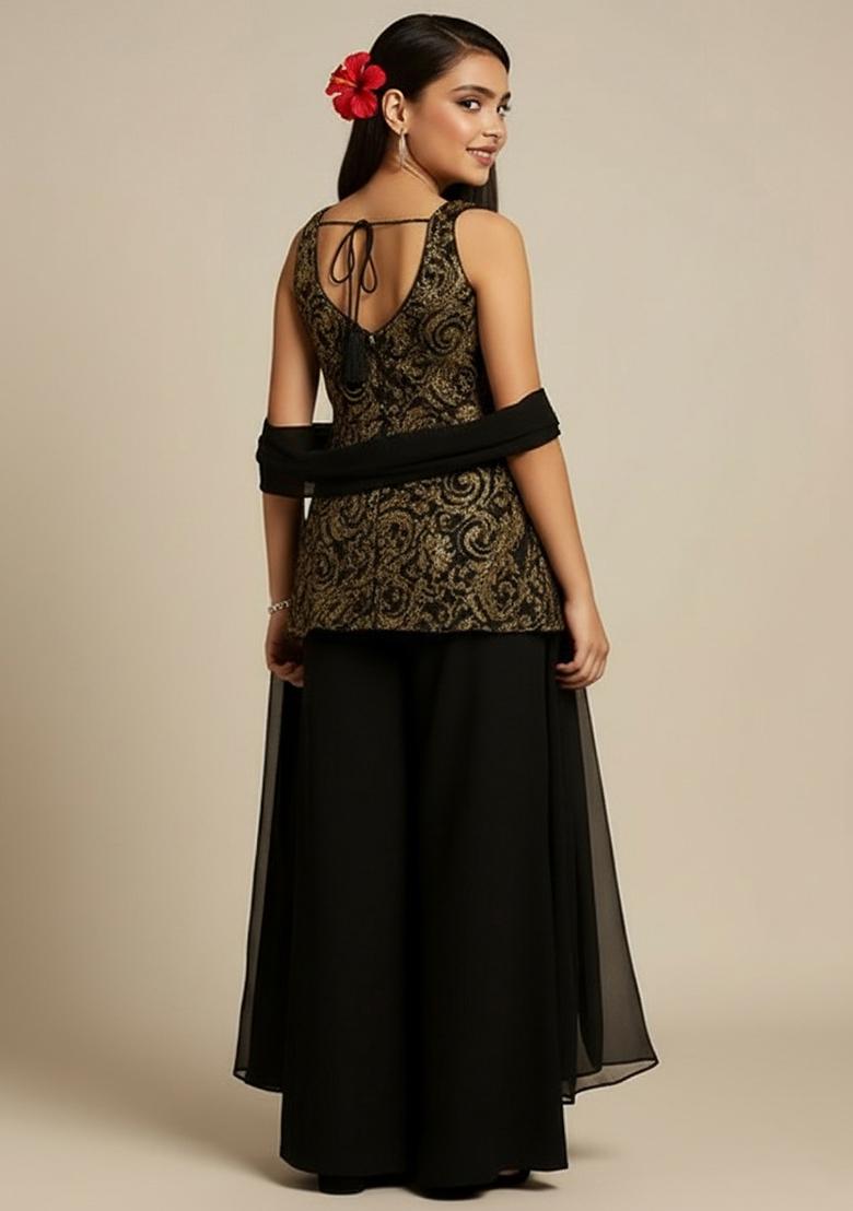 Black Net Sequin Kurta Set For Girls - Indya