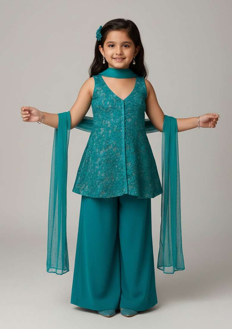 Sea Blue Net Sequin Kurta Set For Girls - Indya