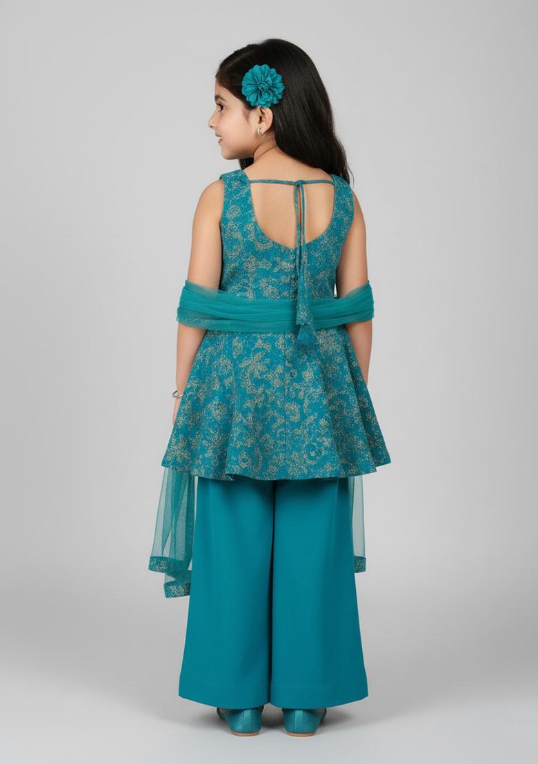 Sea Blue Net Sequin Kurta Set For Girls - Indya
