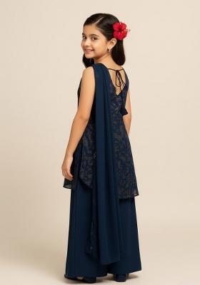 Blue Net Sequin Kurta Set For Girls