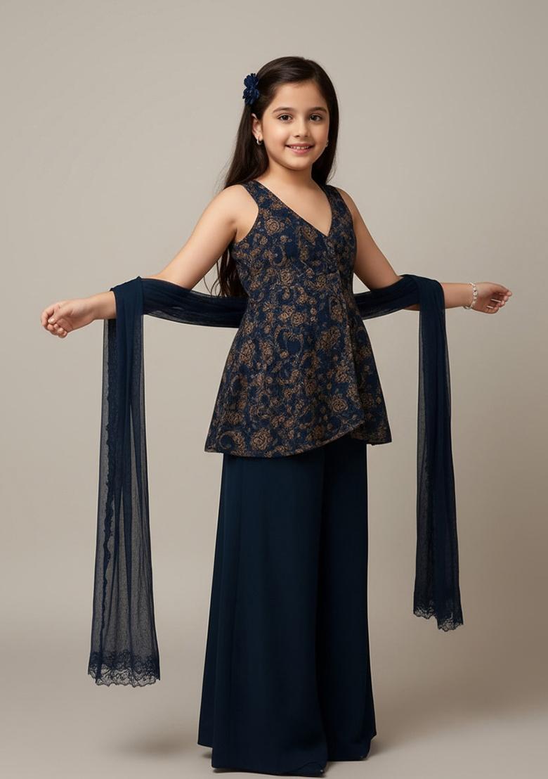 Blue Net Sequin Kurta Set For Girls - Indya