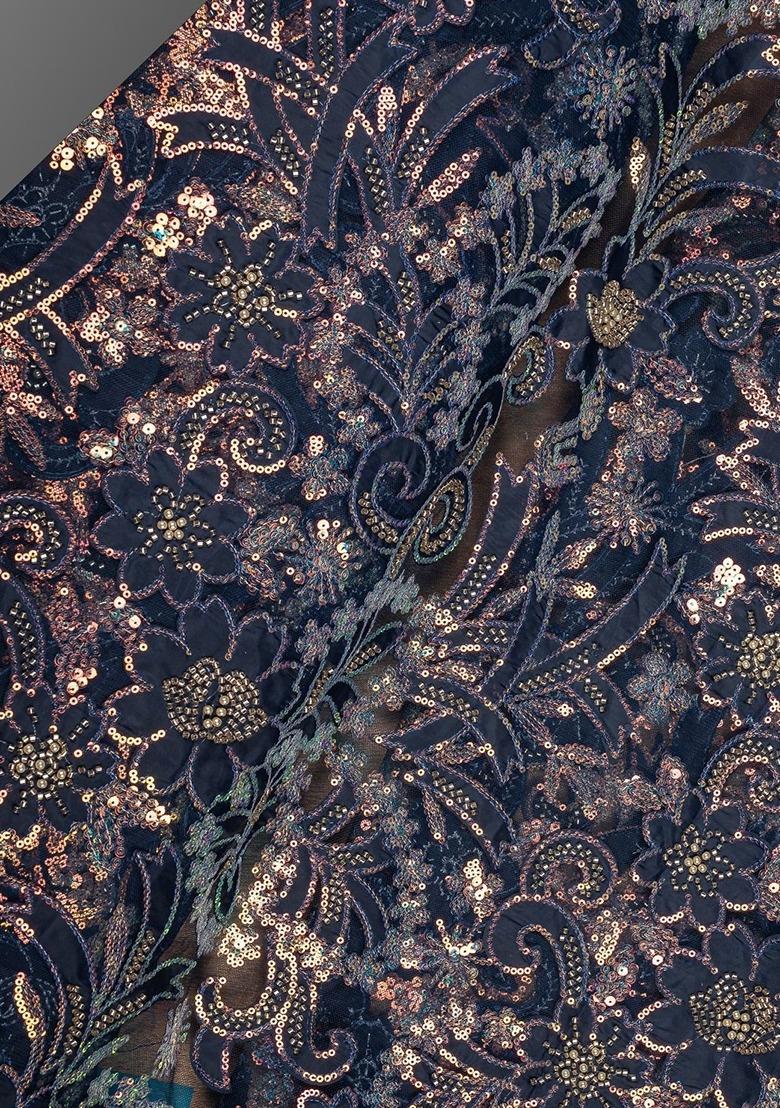 Blue Net Sequin Kurta Set For Girls - Indya