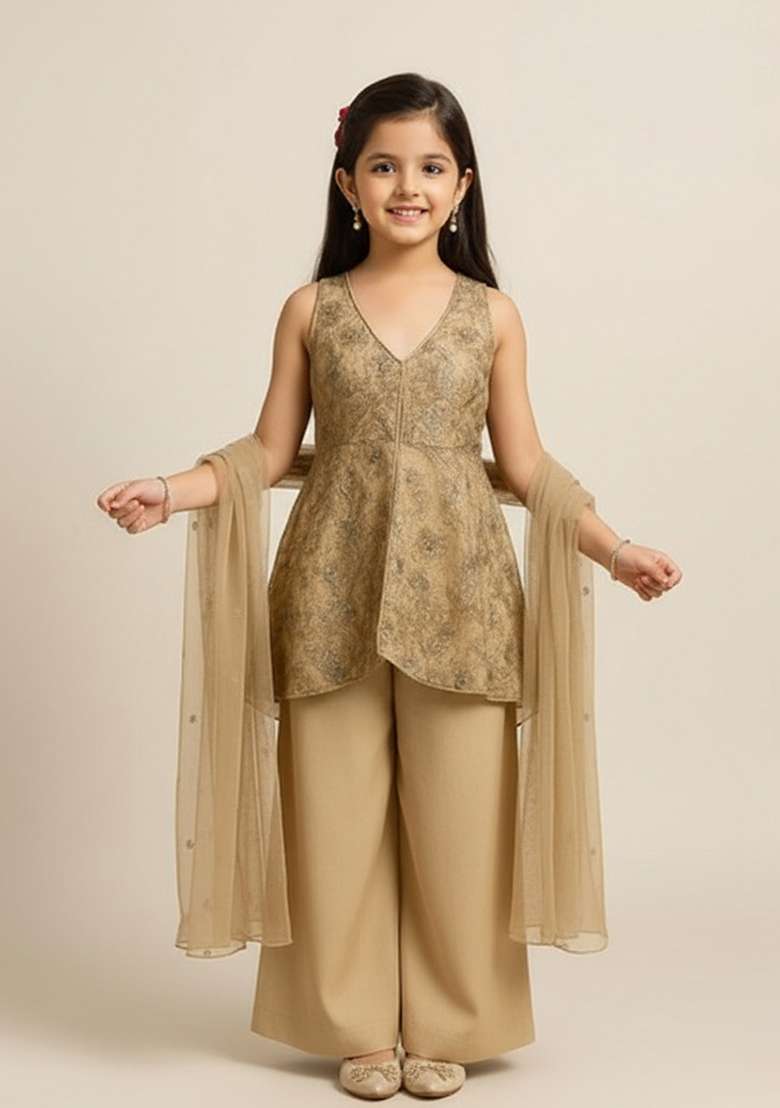 Beige Net Embellished Kurta Set For Girls - Indya