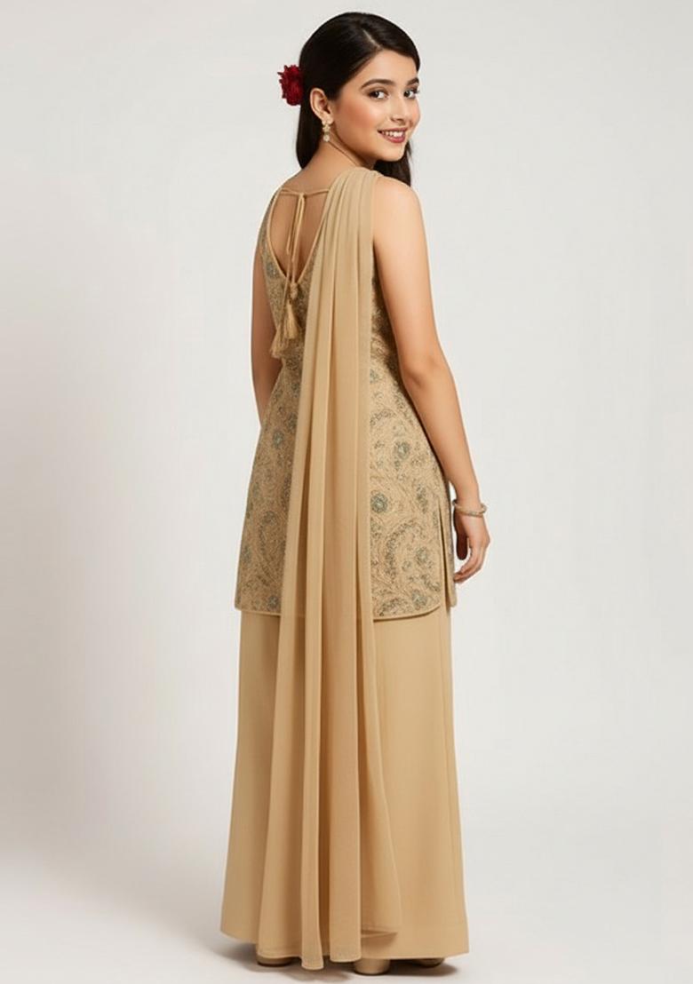 Beige Net Embellished Kurta Set For Girls - Indya