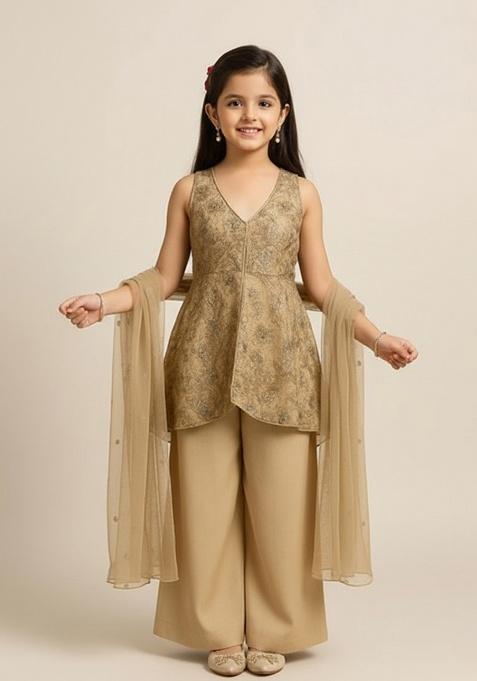 Beige Net Embellished Kurta Set For Girls