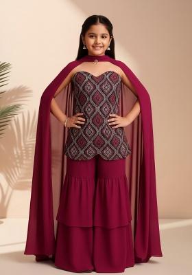 Maroon Velvet Thread Embroidered Sharara Set For Girls
