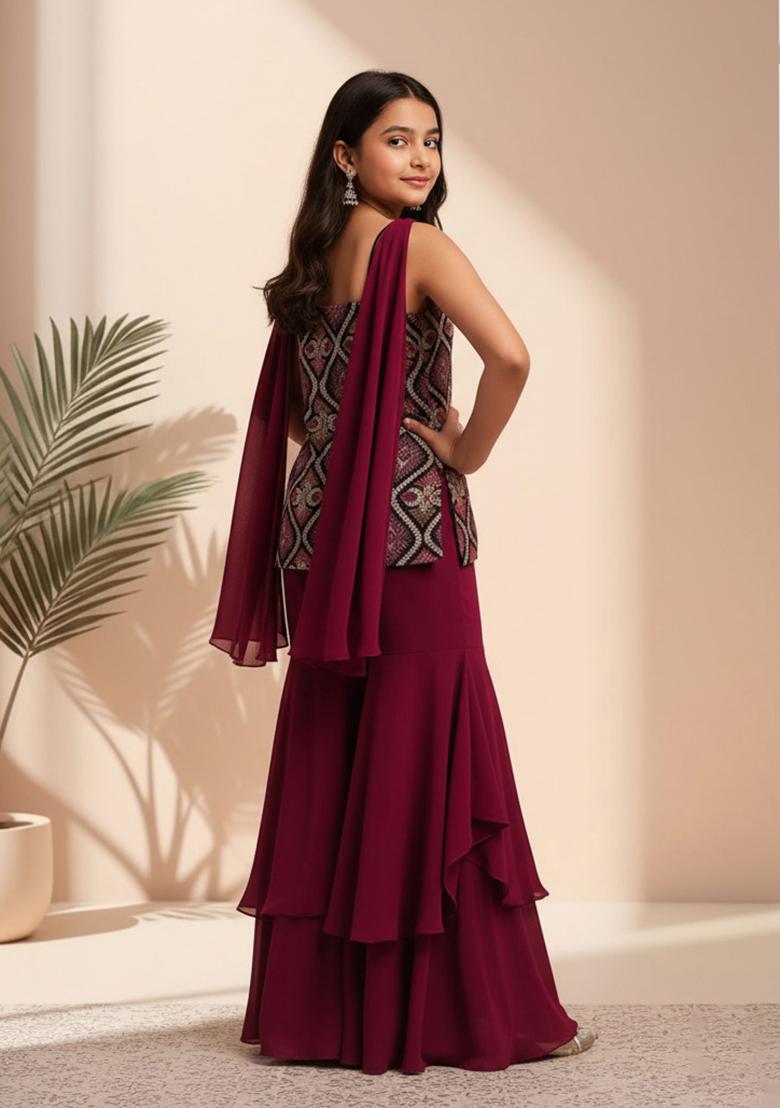 Maroon Velvet Thread Embroidered Sharara Set For Girls - Indya