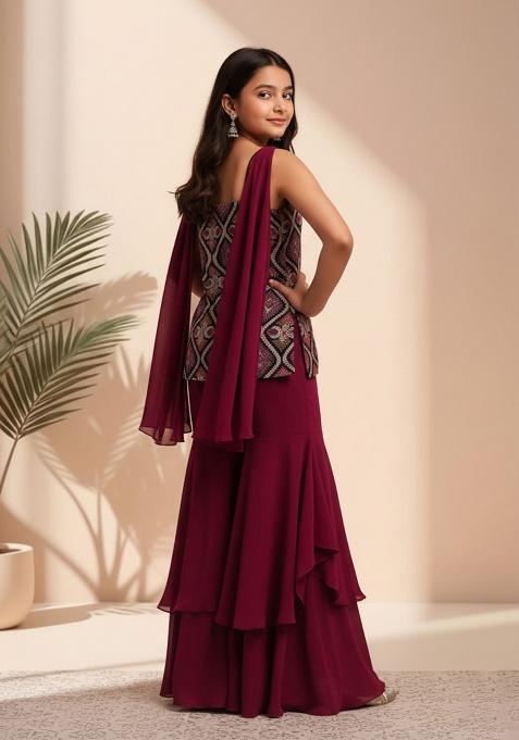 Maroon Velvet Thread Embroidered Sharara Set For Girls