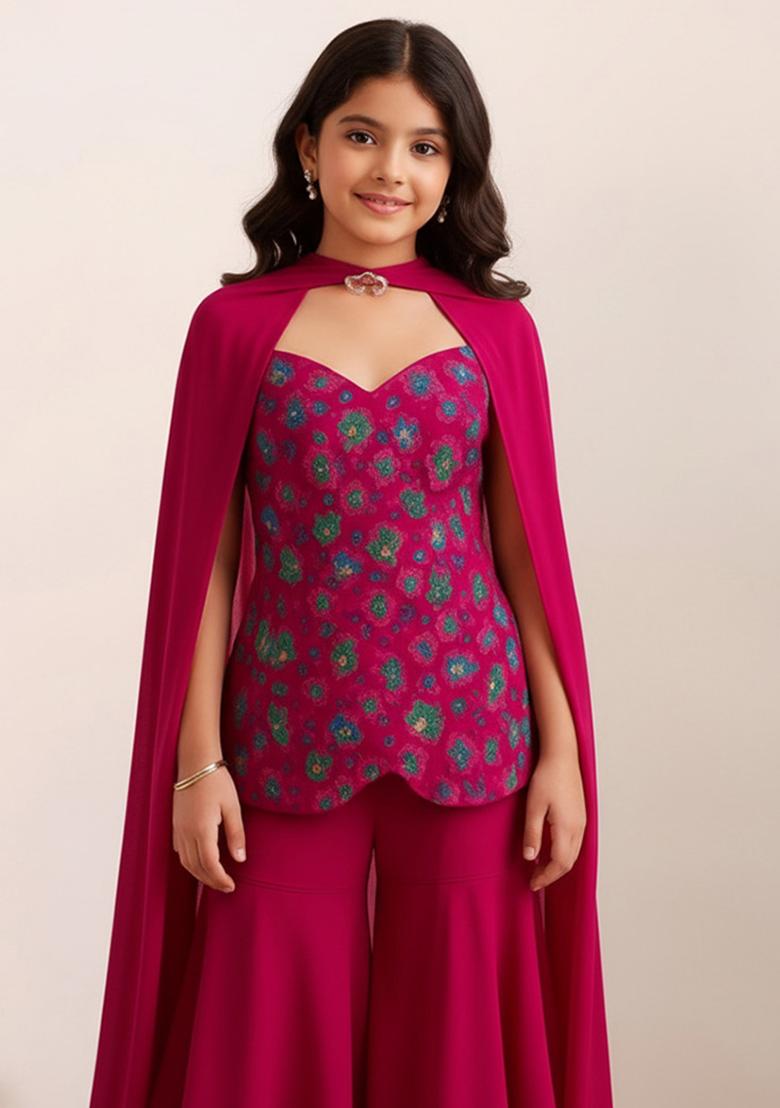 Rani Pink Silk Zari Embroidered Sharara Set For Girls