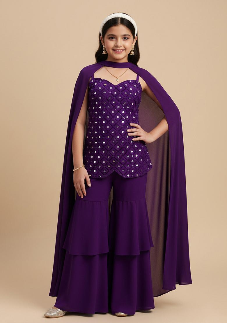 Purple Silk Embellished Sharara Set For Girls