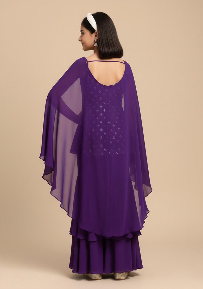 Purple Silk Embellished Sharara Set For Girls