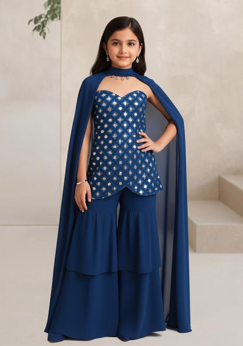 Blue Silk Embellished Sharara Set For Girls