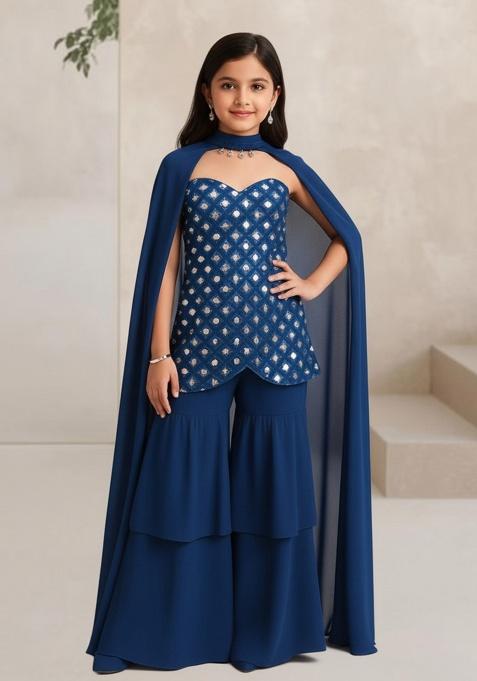 Blue Silk Embellished Sharara Set For Girls
