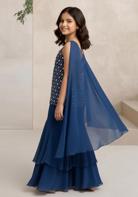 Blue Silk Embellished Sharara Set For Girls
